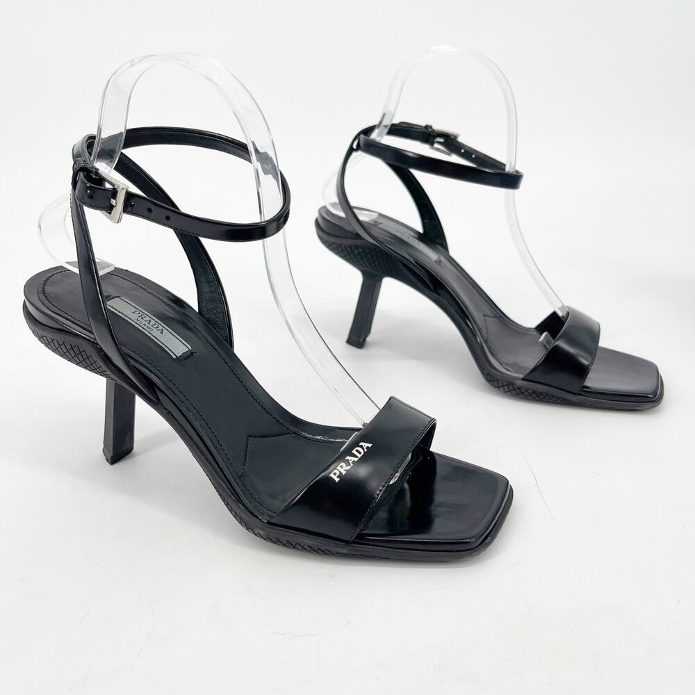 Prada Black Leather Logo Ankle Strap Strappy Sporty Heel Sandal size IT 39 - Picture 3 of 14